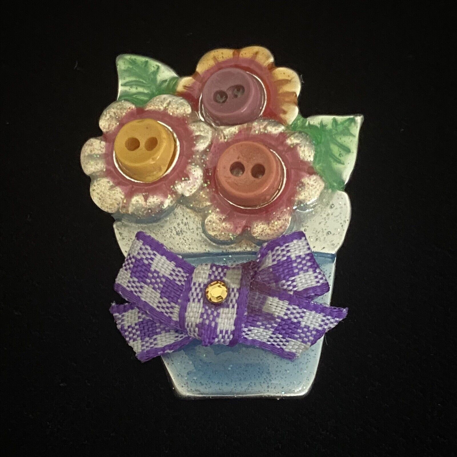 Ajmc Vintage Pin Brooch Spring Button Flowers In Pot With Purple Bow